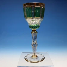 Bohemian Moser Art Glass Cabochon Green Gold Encrusted - 8¼" Crystal Wine Goblet
