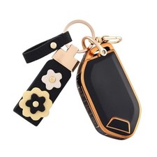 for Kia Key Fob Cover with Leather Keychain, Soft TPU Key Fob Case Gold Black