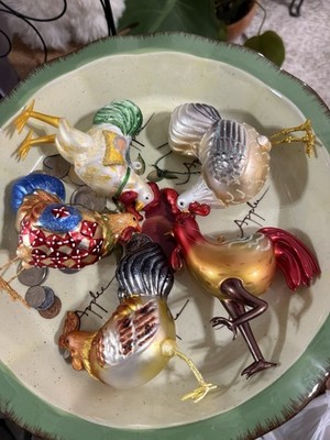 Hand Blown Glass Rooster - Handcrafted Folk Art Decor. Set of 5 Roosters
