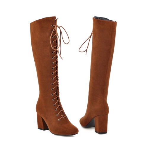Women's Square Toe Mid Heel Shoes Zip Suede Fabric Knee High Boots AU Size 3~12 - Picture 30 of 37