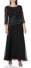 J Kara Women's Size 12 Sheer Sleeve Floral Beaded Long Dress Black/Gun
