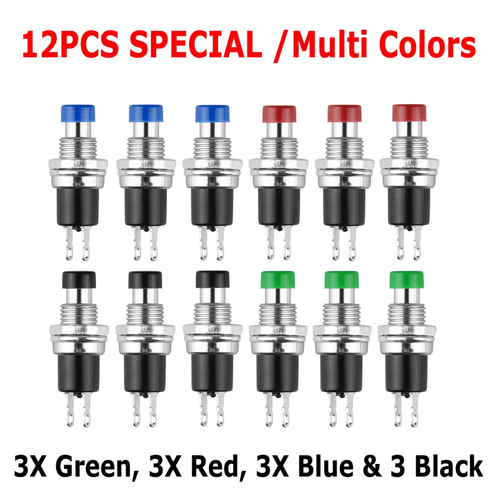 12Pcs Universal 1A 250V AC 2 Pins SPST Momentary Push Button On Off ...