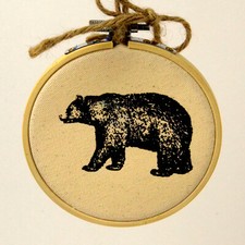 BEAR ON FABRIC IN NEEDLEPOINT FRAME WOODLAND RETREAT CHRISTMAS ORNAMENT NEW
