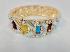 KIRKS FOLLY Divine Multi Color & AB Crystal Stretch Bracelet 8" Gold Tone