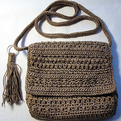 THE SAK Clutch Crochet Purse Brown Gold Crossbody Bag Zip Flap Pocket Keychain