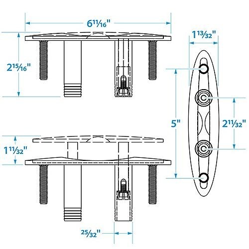 2-Pk Seachoice Stainless Steel 6" Pull Up Recessed Deck Dock Cleats with Studs - Picture 5 of 5