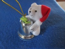 Russ Polar Bear in Santa Hat on Silver Bell Christmas Ornament