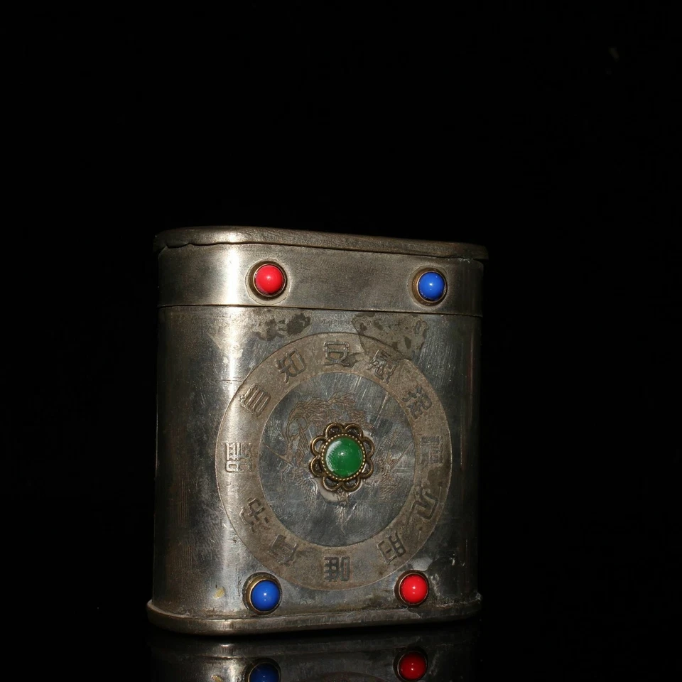 Caja de tabaco con incrustaciones de gemas de bronce antiguo de 3,1" de China Foto 3 de 4