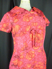 Vtg 60s Handmade Vibrant Red Fuchsia Pink Floral Crepe Bow Dress-Bust 37/S