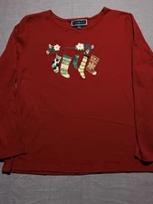 Karen Scott Holiday Top Size XL Red Christmas Stocking Beaded Glitter Print