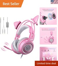 Pink Cat Ear Headphones with Mic - Unique Gaming Experience for All Ages