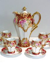 Antique Nippon Porcelain Red & Gold Chcolate Pot Set w/ Cups & Saucers 9 Pc
