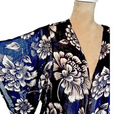 Band of Gypsies Blue Floral Long Line Kimono Semi Sheer Spring Cover Up Sz Small