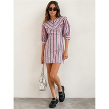 GANNI Pink Gray Seersucker Oversized Collar Mini Dress Stripe NWT EU 42 US L