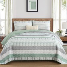 Striped Quilt Set Size, Sage Green Boho Bedspread Set 3 Pieces Queen Aqua