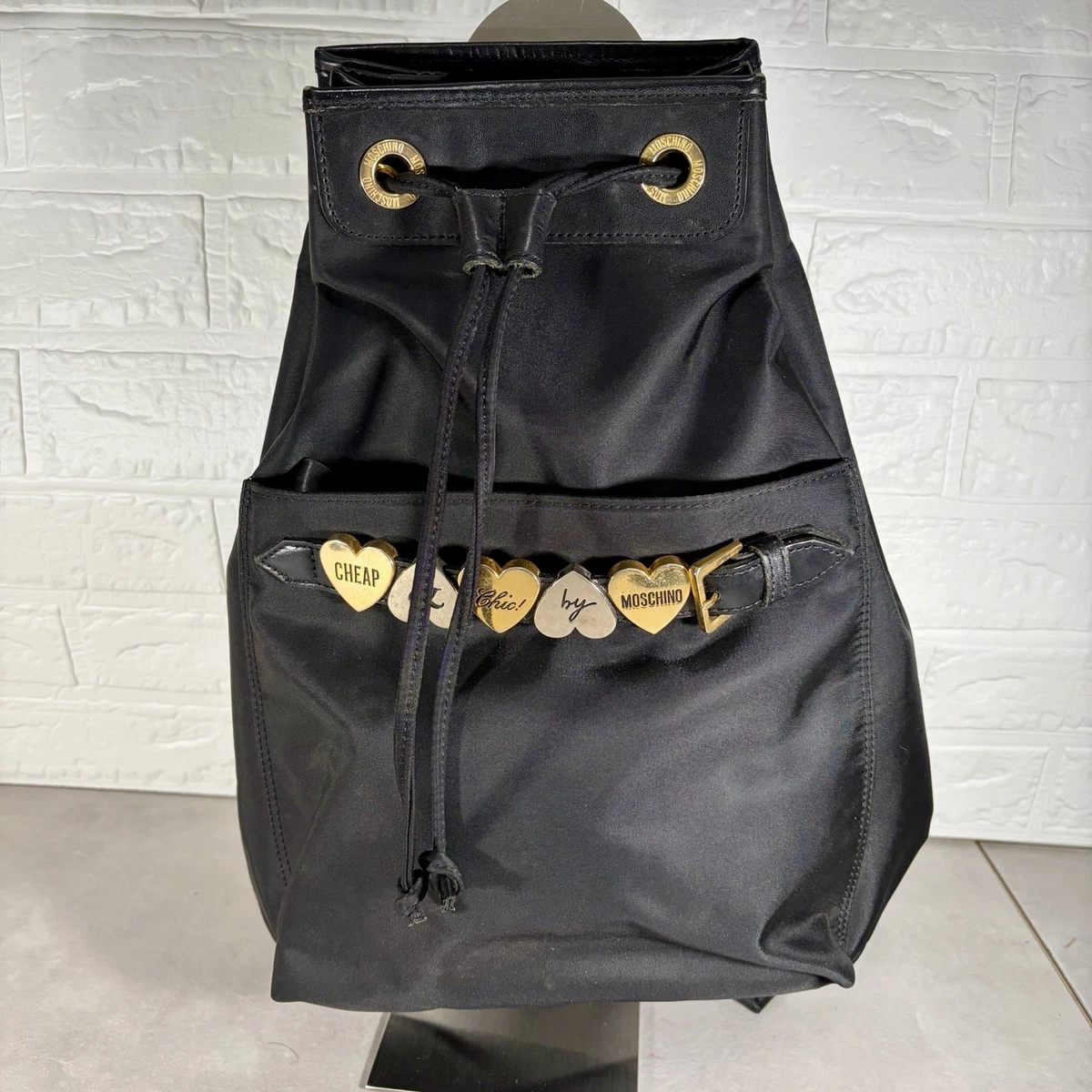 Moschino Vintage Heart Charm Nylon Backpack Moschino Gold Metal Heart Charm Keychain Vintage Accessory main image 3
