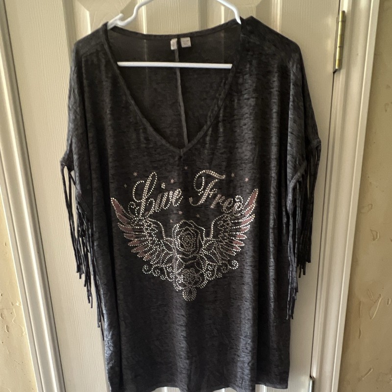 Cato Women’s Plus 22/24W Gray Graphic Print V-Neck Fringe Rhinestone Tee