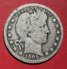 1909 US Barber SILVER Quarter "Philadelphia" Mint! Very Good! Old US Coin!