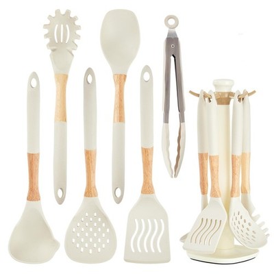 Kitchen Utensils Set 7 PCS Non-Stick Silicone Cream White Wooden Handle