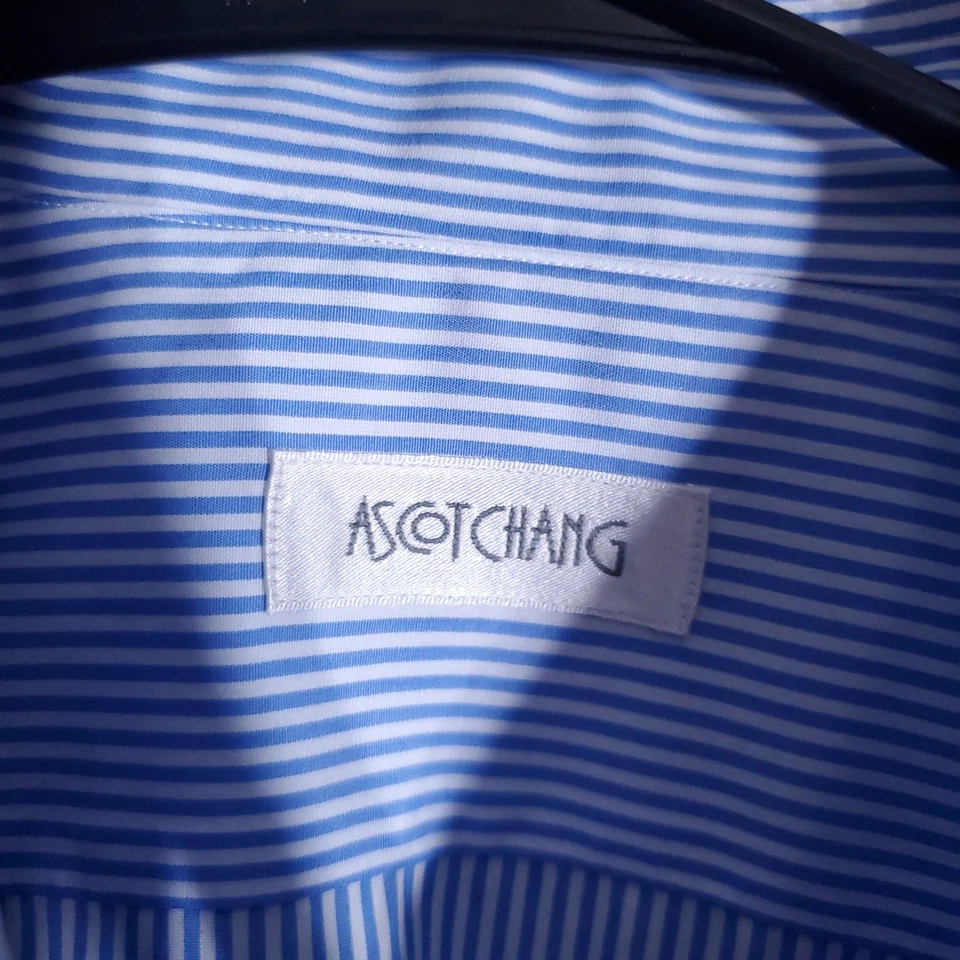 Ascot Chang Dress Shirt Mens Large Blue Stripe Long Sleeve 100% Cotton Hong Kong - Image 3 of 4