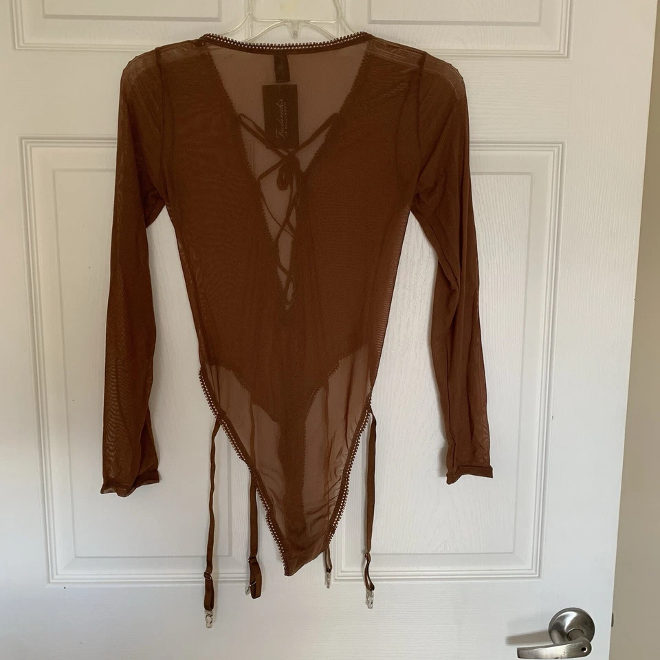 Frederick's of Hollywood Lola Lee Sheer Mesh Long Sleeve Teddy Brown Medium NWT - Image 3 of 4