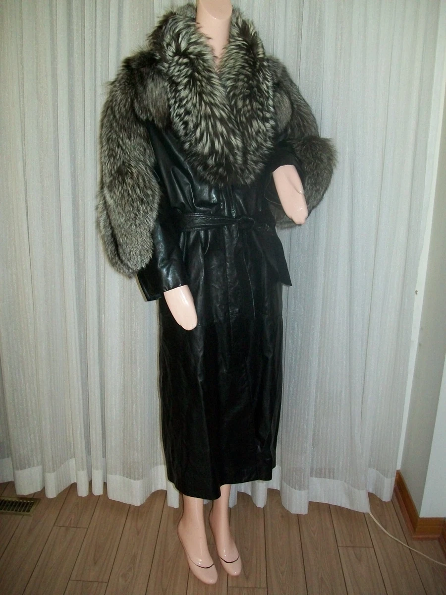 Black Leather Silver Fox Coat by Fashion Designer Dominic