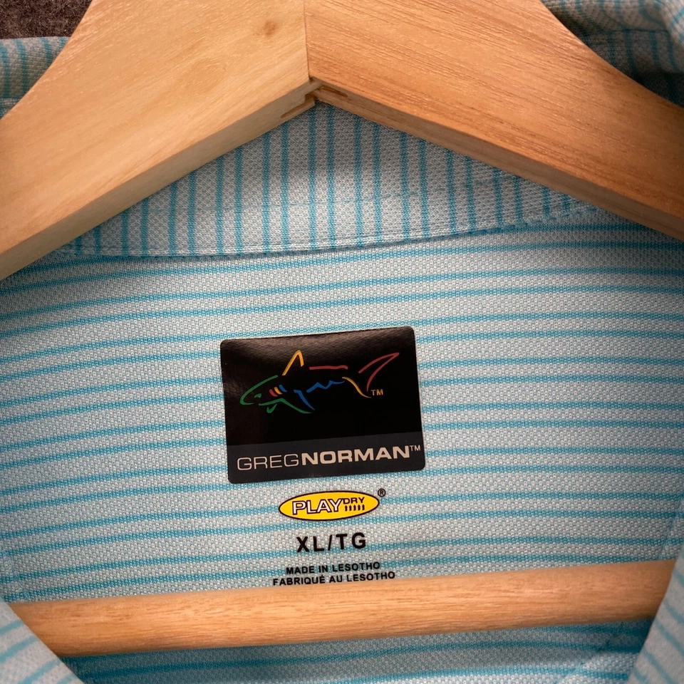 Camisa Polo Greg Norman Hombre XL Azul Rayas Cuello Abotonado Manga Corta Foto 3 de 4