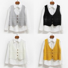 Femme Cardigans Tricotés Gilet Débardeur Court sans Manche Bouton Noir Rose Neuf