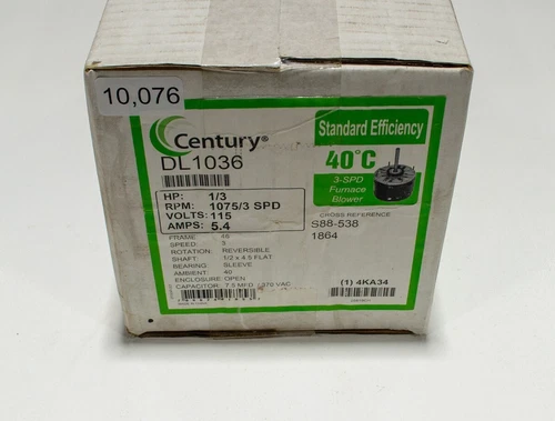 Authentic CENTURY DL1036 Motor, 1/3 HP, 1075 rpm,3-Speed, Frame 48, 115V