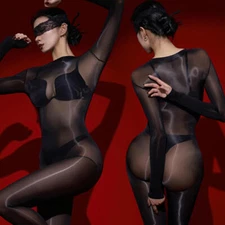 Womens Long Sleeve Bodystocking Oil Shiny Glossy Bodysuit Nylon Jumpsuit Catsuit
