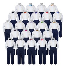 3pc Boy Baby Toddler Kid Formal White Shirt NAVY Pants Pick Color Bow Tie S-8