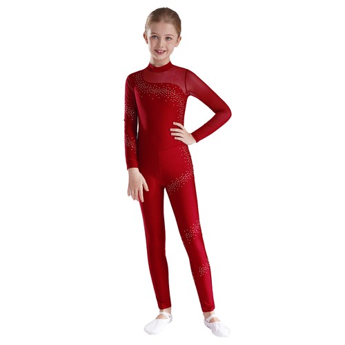 Kids Girls Dancewear Turtleneck Bodysuit Gymnastics Jumpsuit Rhinestones Shiny - Picture 6 of 56