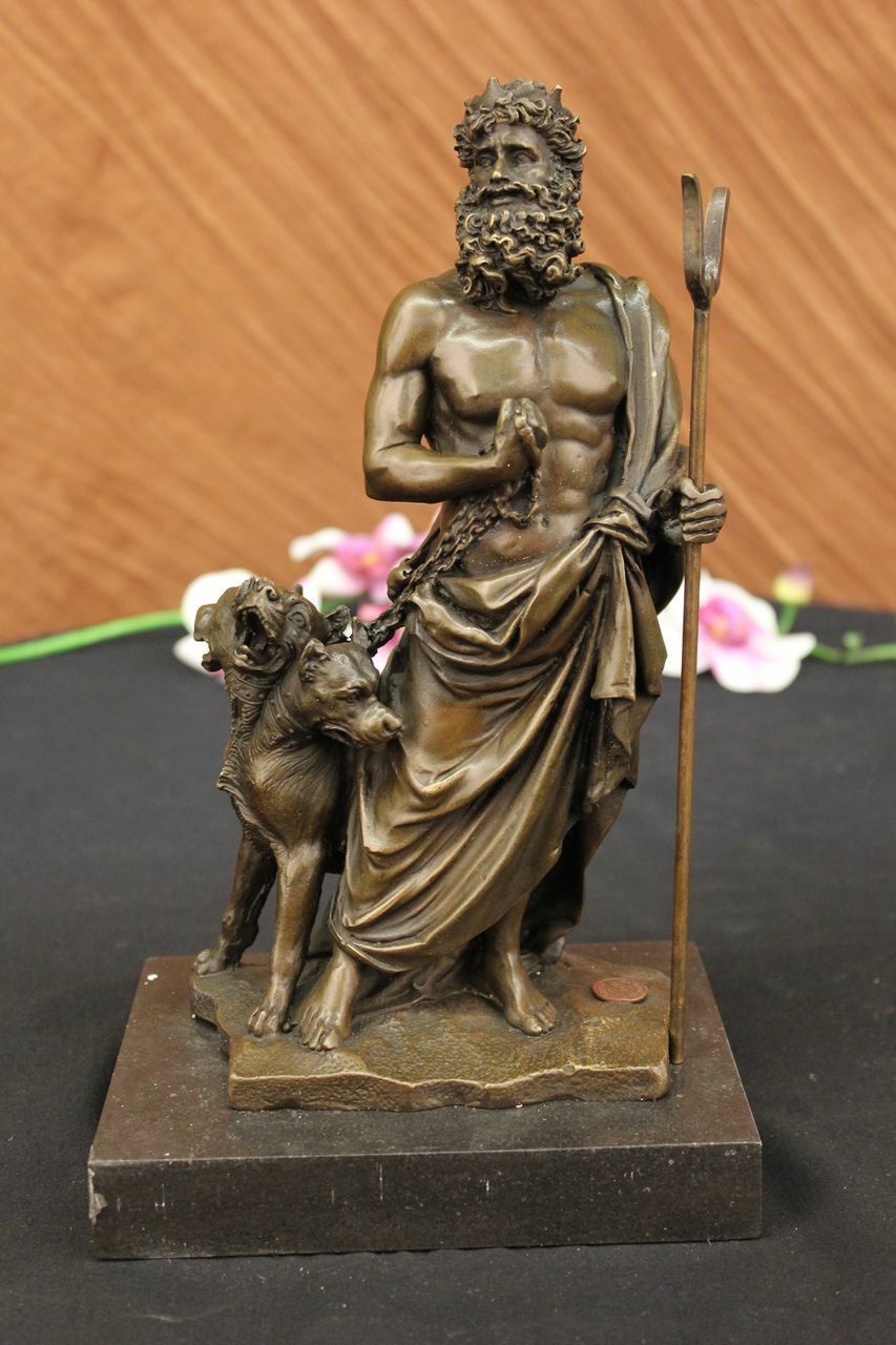 Collectible Figurine Bronze Decor Signed Phidas Hades Pluto With 3 Headed Dog
