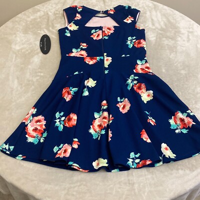 Ava & Yelly Womens Navy Blue Floral Stretch Back Zip Fit & Flare Dress Size  16 | eBay