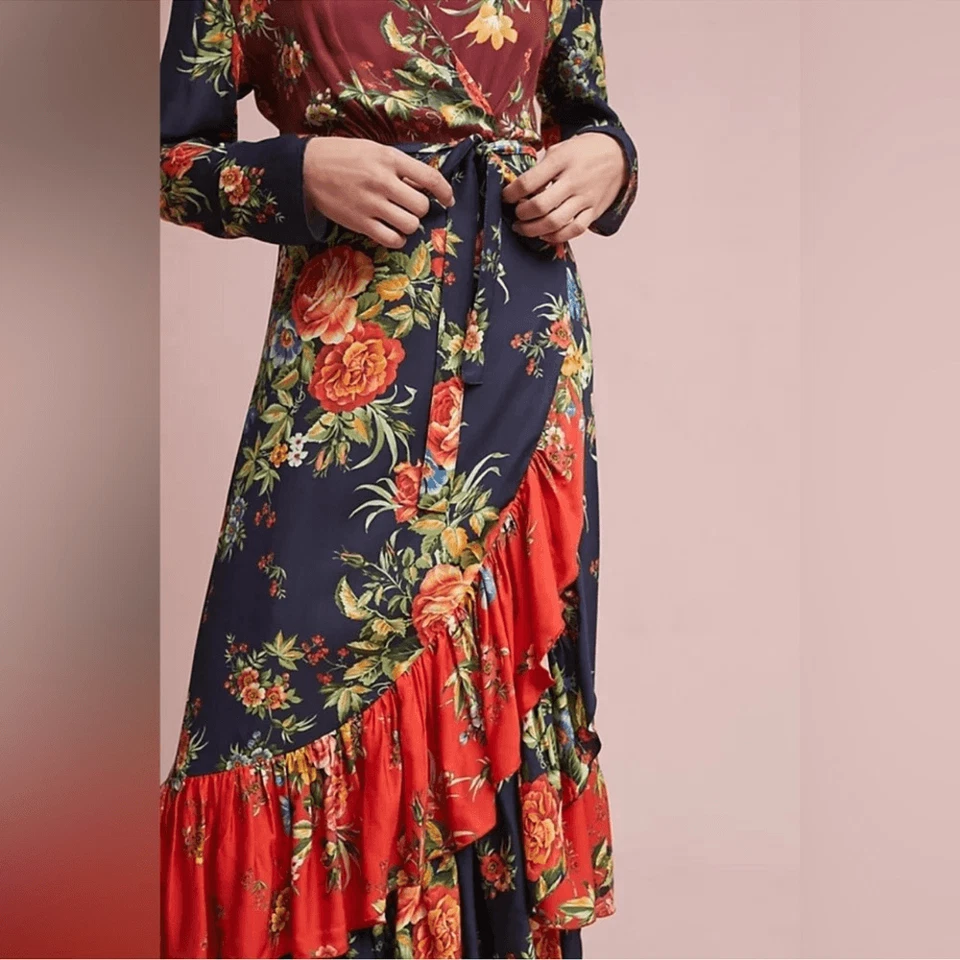 Anthropologie Farm Rio Audrey Wrap Maxi Dress Floral Long Sleeve Size SP - Image 3 of 4