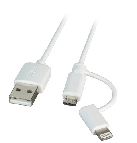 USB 2.0 Anschlusskabel USB A Stecker auf 2 in 1 USB Micro B Stecker + Lightning 