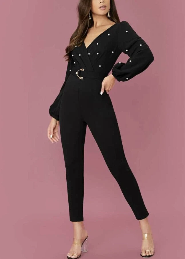 Black jumpsuit with pearls on sale