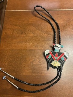 Vtg Bolo Tie Thunderbird Enamel & Navajo Southwest Style Braided Cord aL5