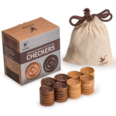 Husaria Wooden Italian Style Checker Pieces with Stackable Ridges and Drawstring