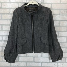 BCBG Maxazria Balloon Sleeve Jacket Blazer Womens M Brown Wool Tweed Roll Sleeve