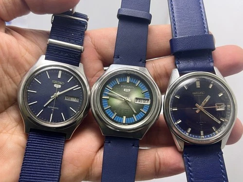Vintage Seiko 7009, 7019 & 7005 Automatic Blue & Green Dial Men's Wristwatch