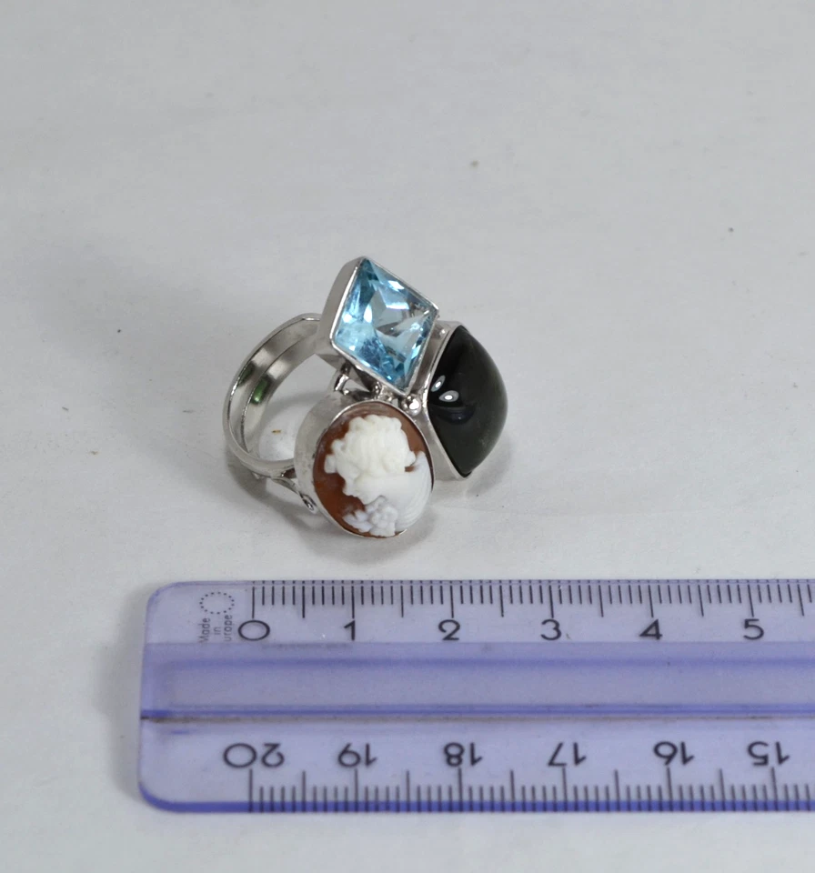 ANELLO ARGENTO 925 CAMMEO SARDONICO TORMALINA TOPAZIO  REGOLABILE      AGNK 0113 - Immagine 3 di 3