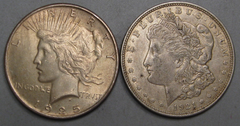 2-US Silver Dollars 1921-s Morgan & 1925 Peace. #1 w