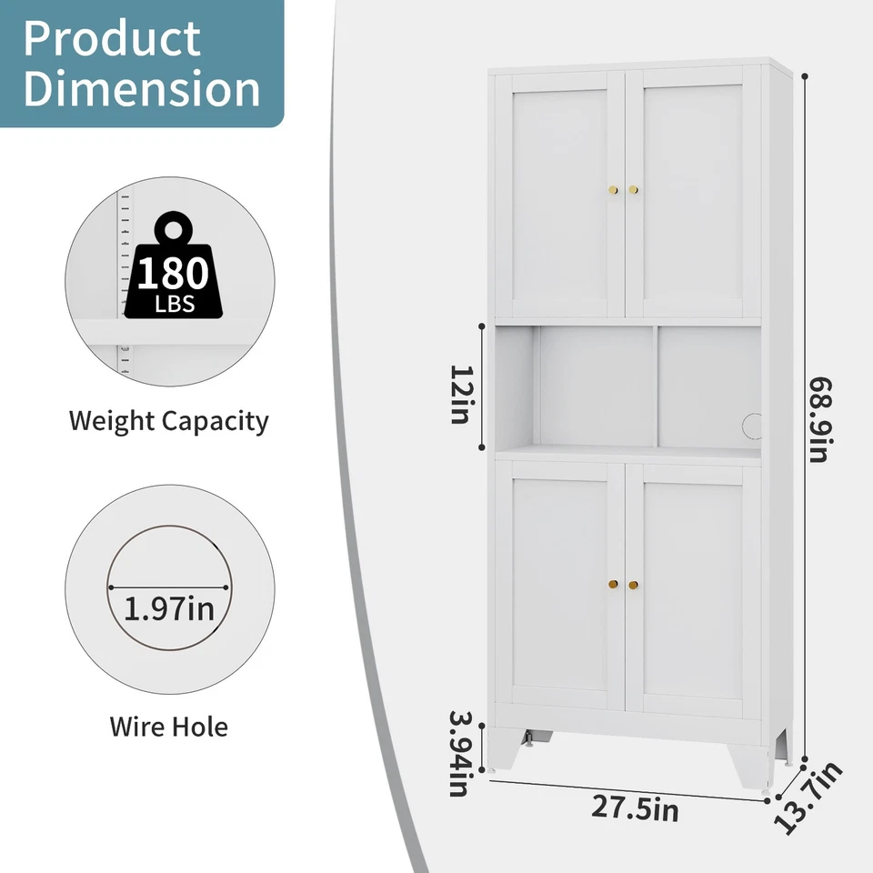 Металлический кухонный кладовой шкаф 69 дюймов в высоту с дверцами и регулируемыми полками - Изображение 2 из 4
