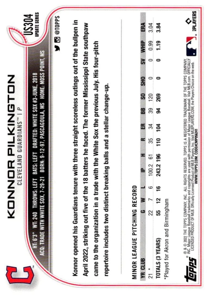 2022 Topps Konnor Pilkington Rookie Cleveland Guardians #USC171 - Image 2 of 2