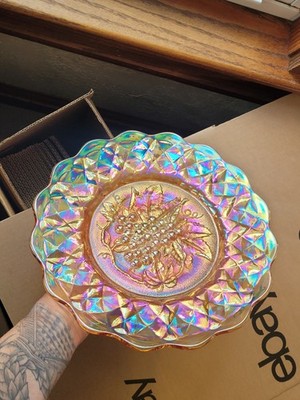 Super Pastel Marigold Imperial Carnival Glass Heavy Grape Chop Plate
