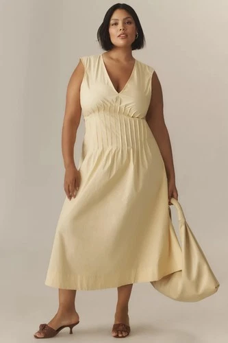 NWT Anthropologie Maeve Plus size 3X Hailey Pleated Pintuck Midi Dress Yellow