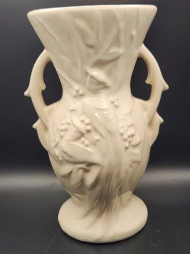 Vtg. McCoy Art Pottery 8" Ivory Bird Of Paradise Double Handled Vase -*See desc