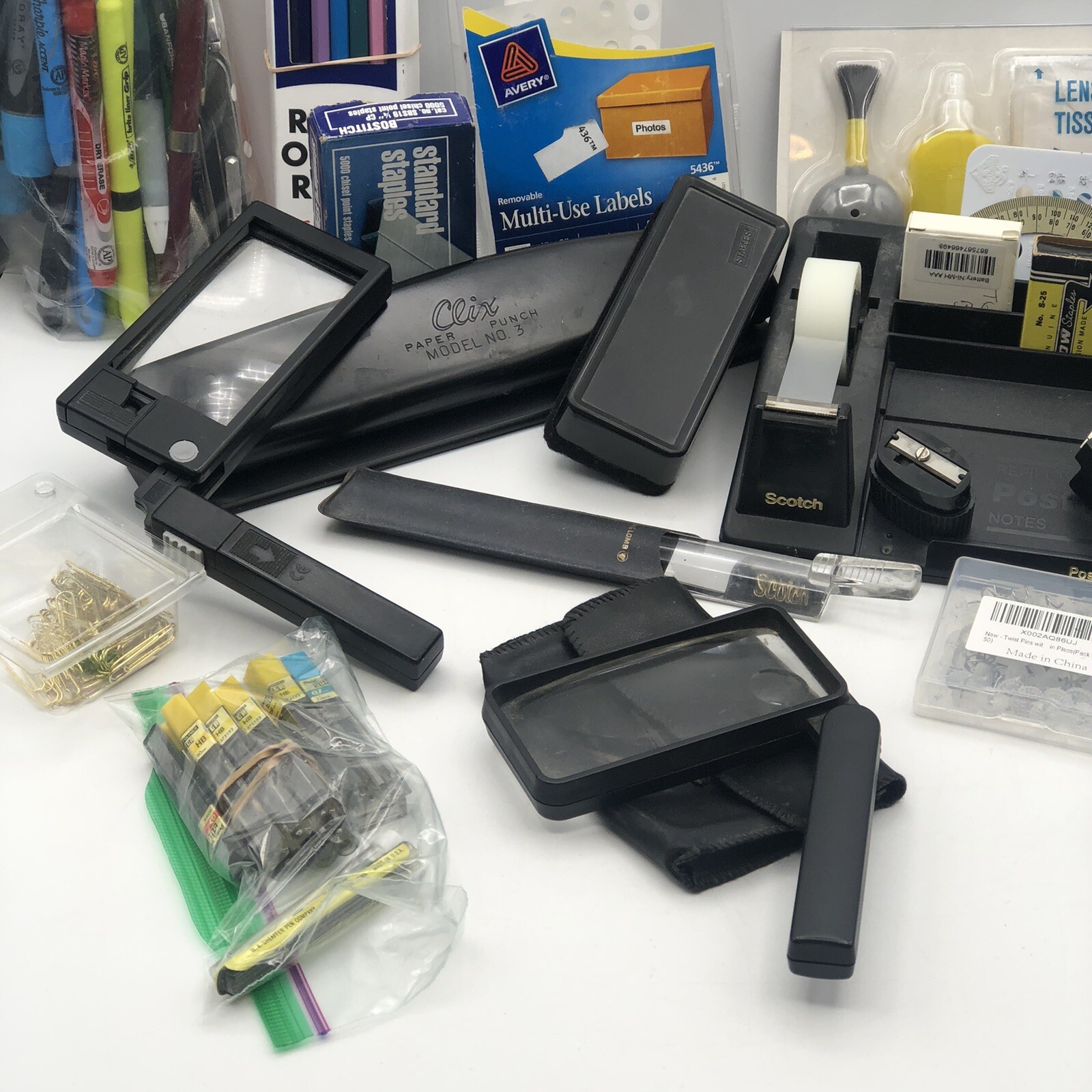 Office Mixed Lot Tape Dispenser Markers Pencils Hole Punch Magnifiers
