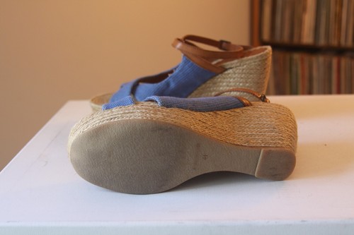 Gaimo 41 Blue Fabric Brown Leather 4 Inch Wedge Espadrilles EUR 41 Made In Spain - Picture 7 of 11